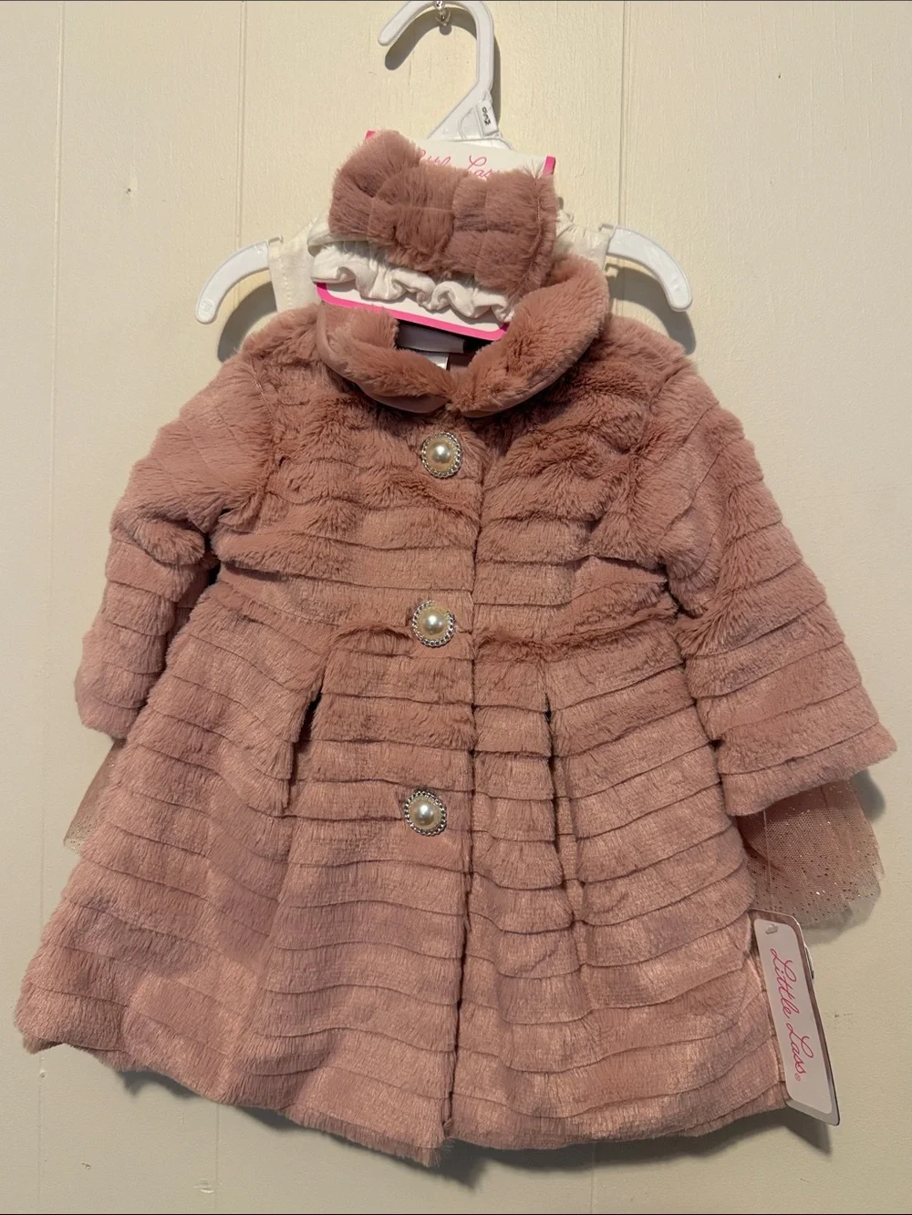 Girls' Pink Faux-Fur Coat with Pearl Buttons